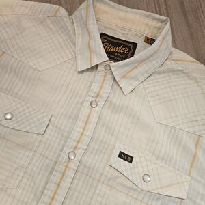 Howler Brothers Mens Gaucho Snapshirt Short Sleeve Western Plaid Blue Tan Medium